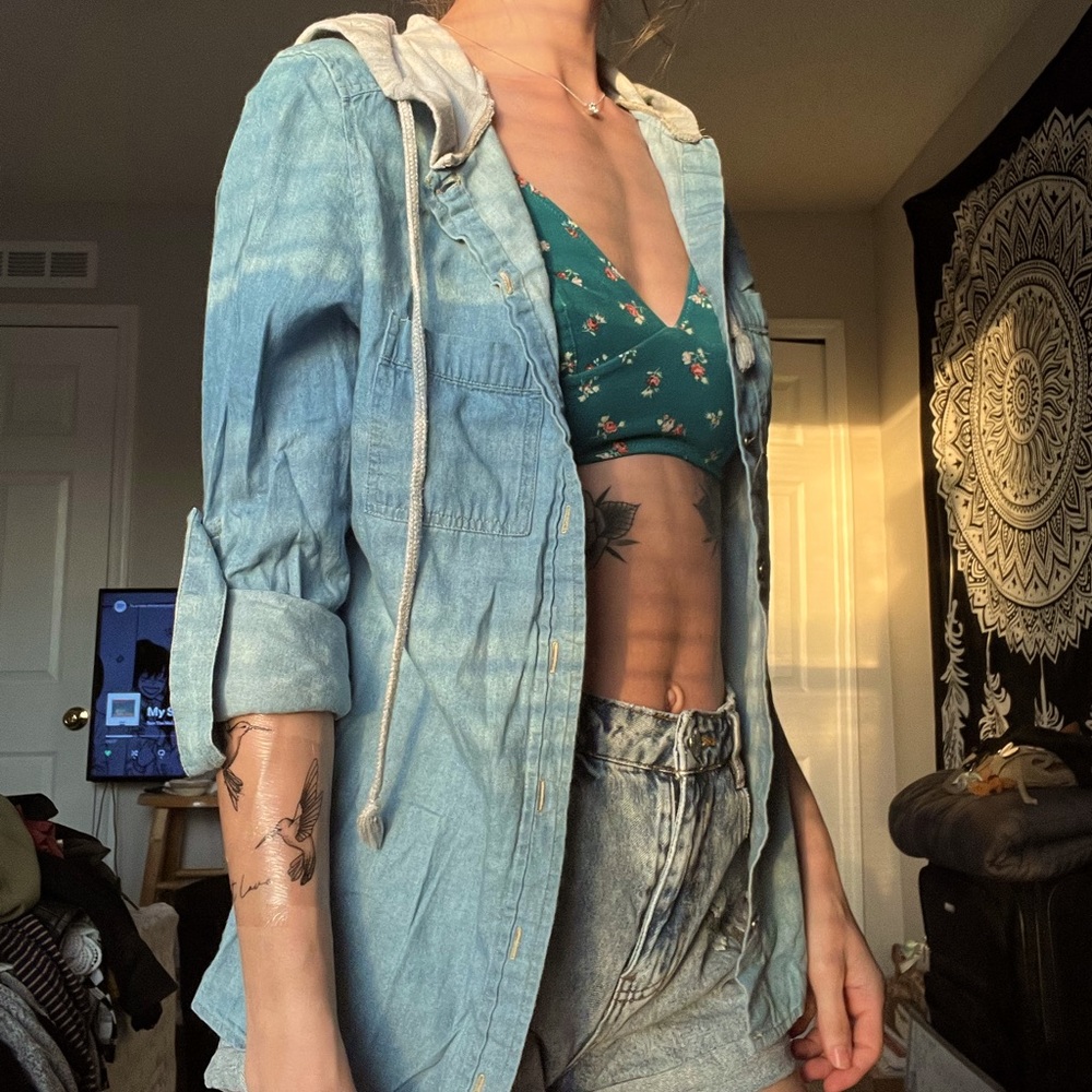 denim light weight hoodie button up